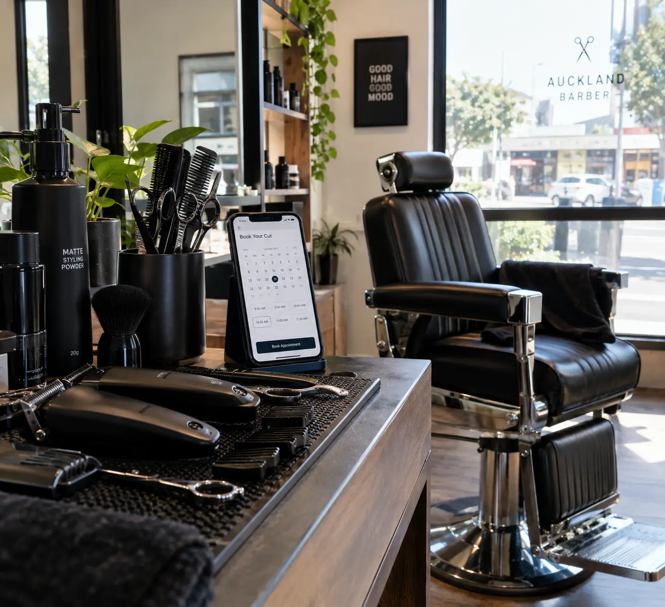 A clean barbershop station in Auckland with black styling tools, a leather chair, and a phone showing a booking calendar on the counter.