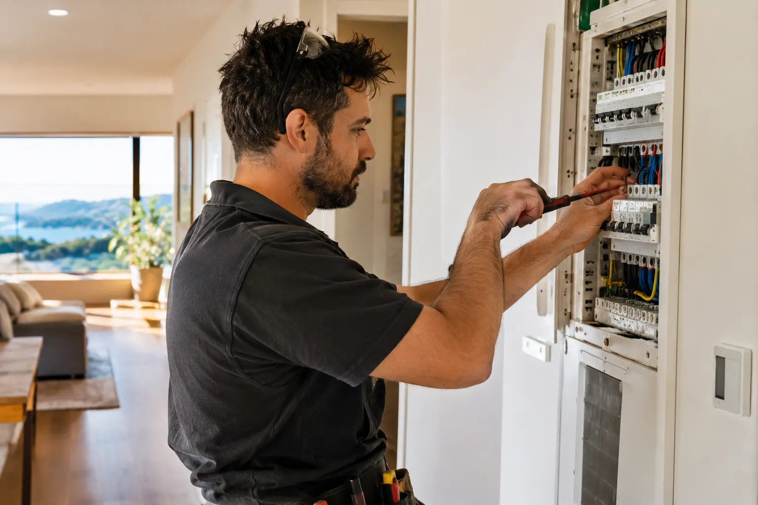 An electrician reviewing a structured online quote request on a mobile phone at a residential work site in New Zealand.