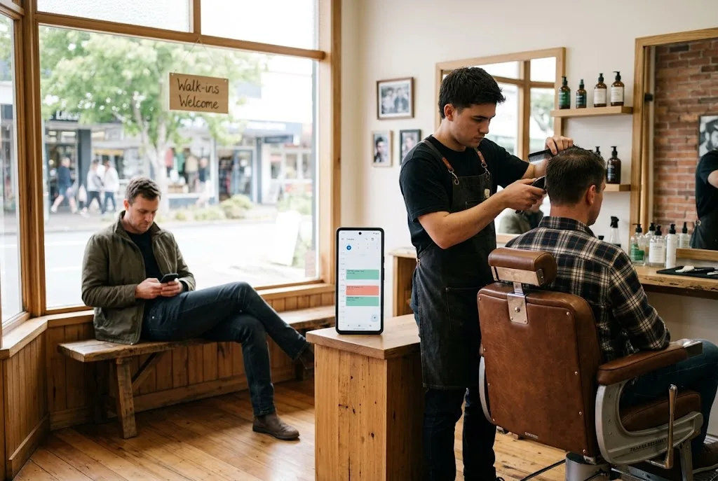 A barber cutting a booked client's hair while a walk-in client waits on a bench by the window, with a phone on the counter showing the day's bookings.
