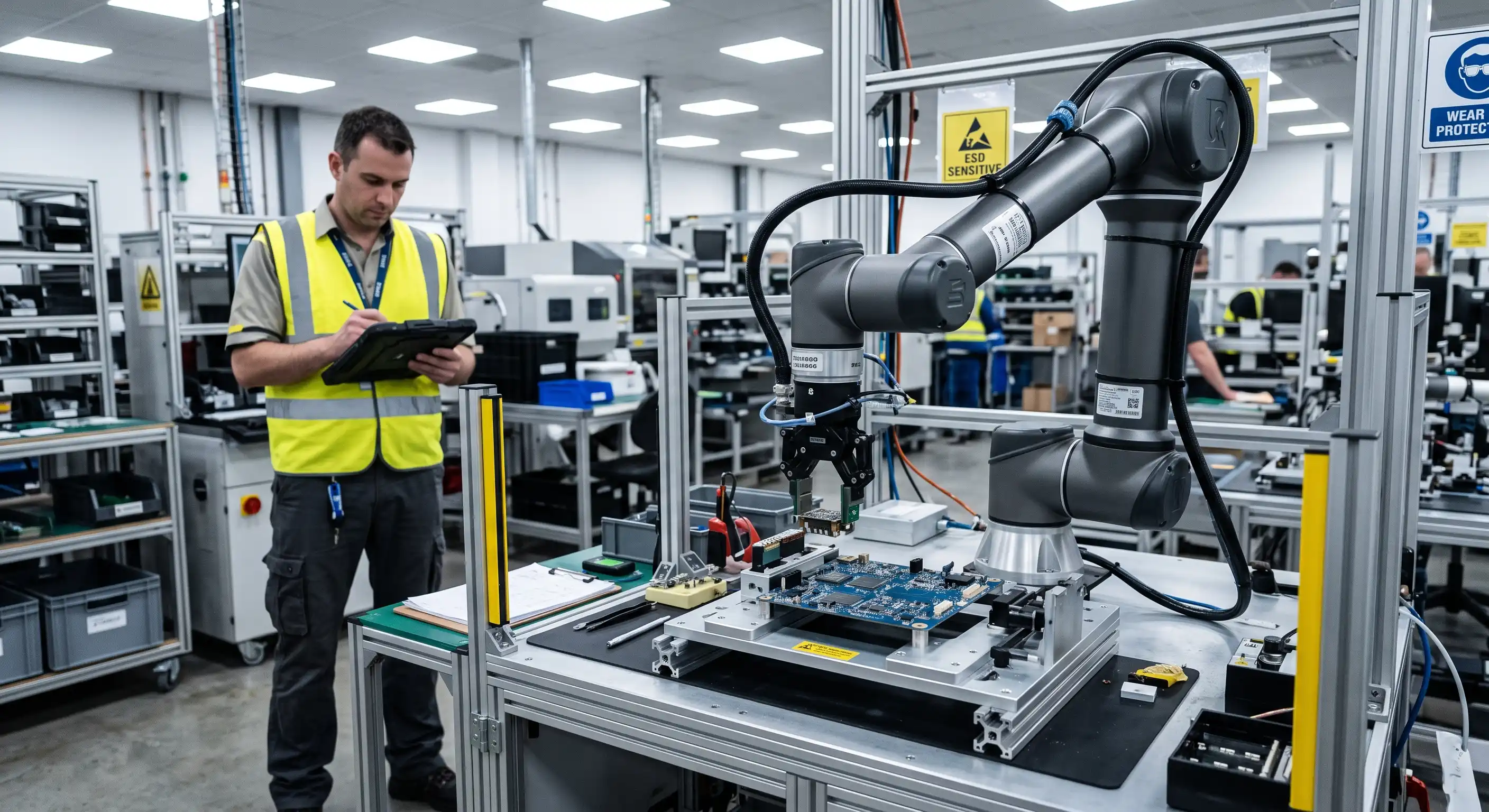 An industrial robotic arm assembling electronics under bright factory lights with an engineer monitoring performance.