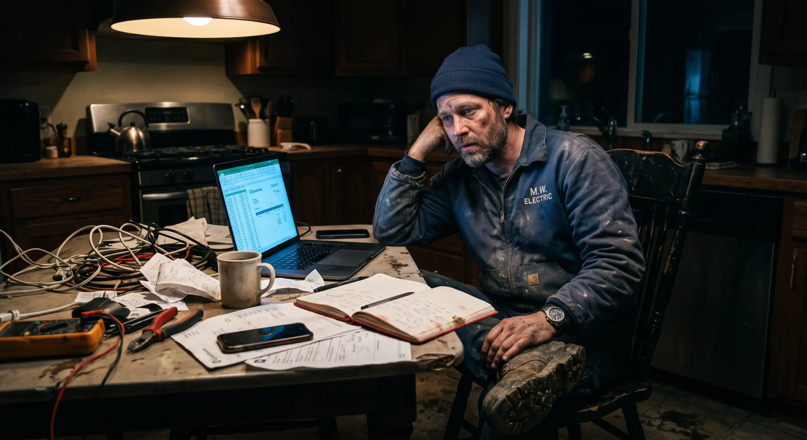 An independent electrician sits at a cluttered kitchen table late at night, looking exhausted in front of a glowing laptop screen while surrounded by receipts and notebooks.