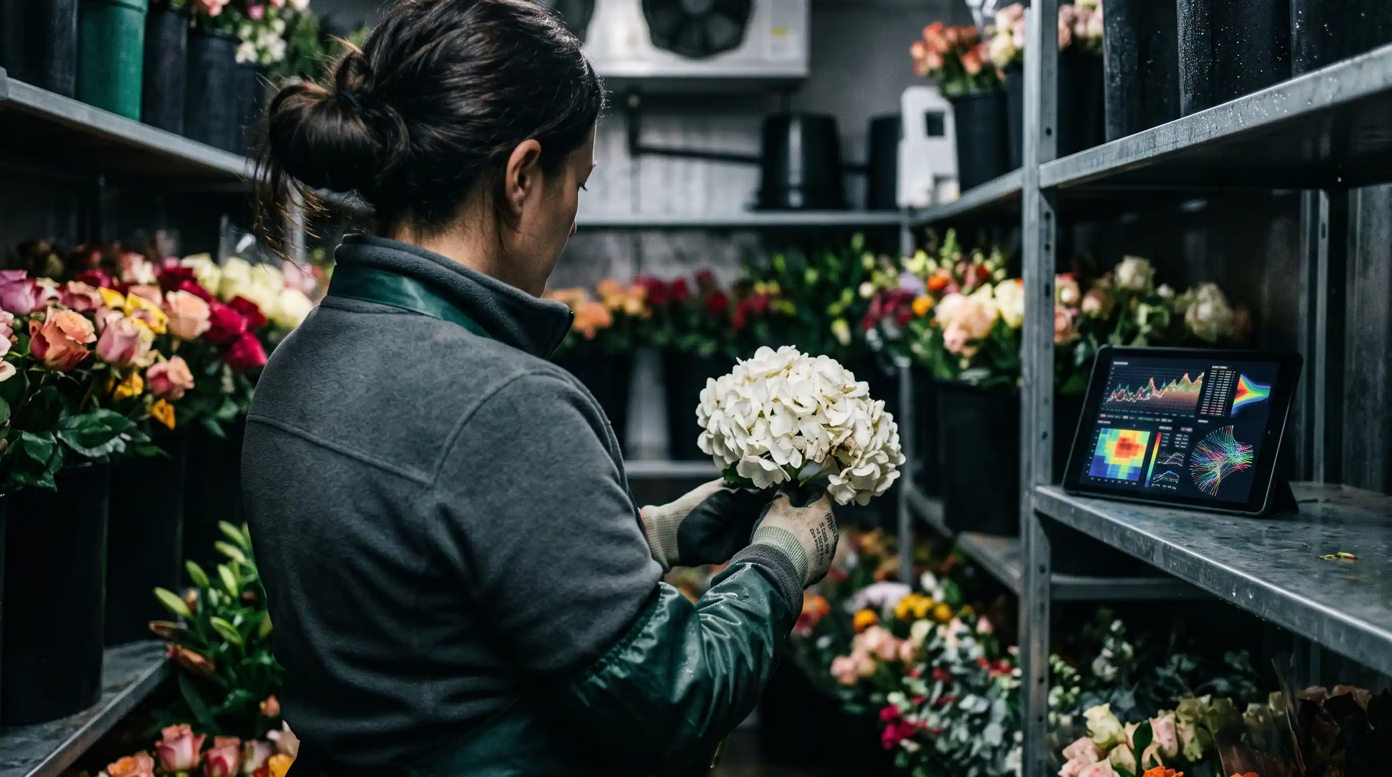 A florist inspects a white hydrangea inside a commercial cooler, with a tablet displaying a temperature alert in the background, illustrating the importance of specific domain expertise over generalised software.