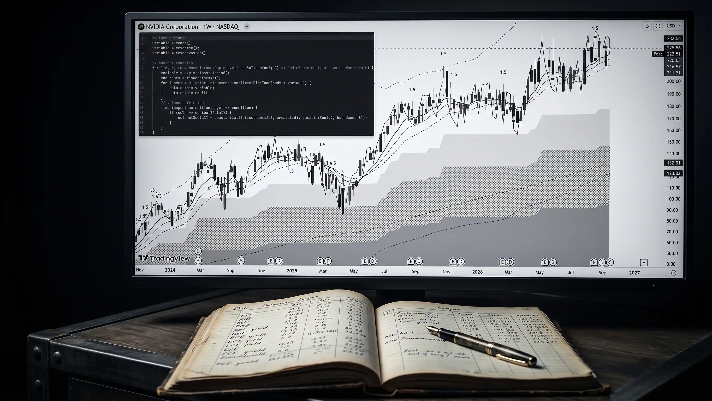 A dark computer monitor displays custom Pine Script code and a candlestick chart next to a physical ledger book, illustrating the disciplined, quantitative approach to financial screening and market analysis.
