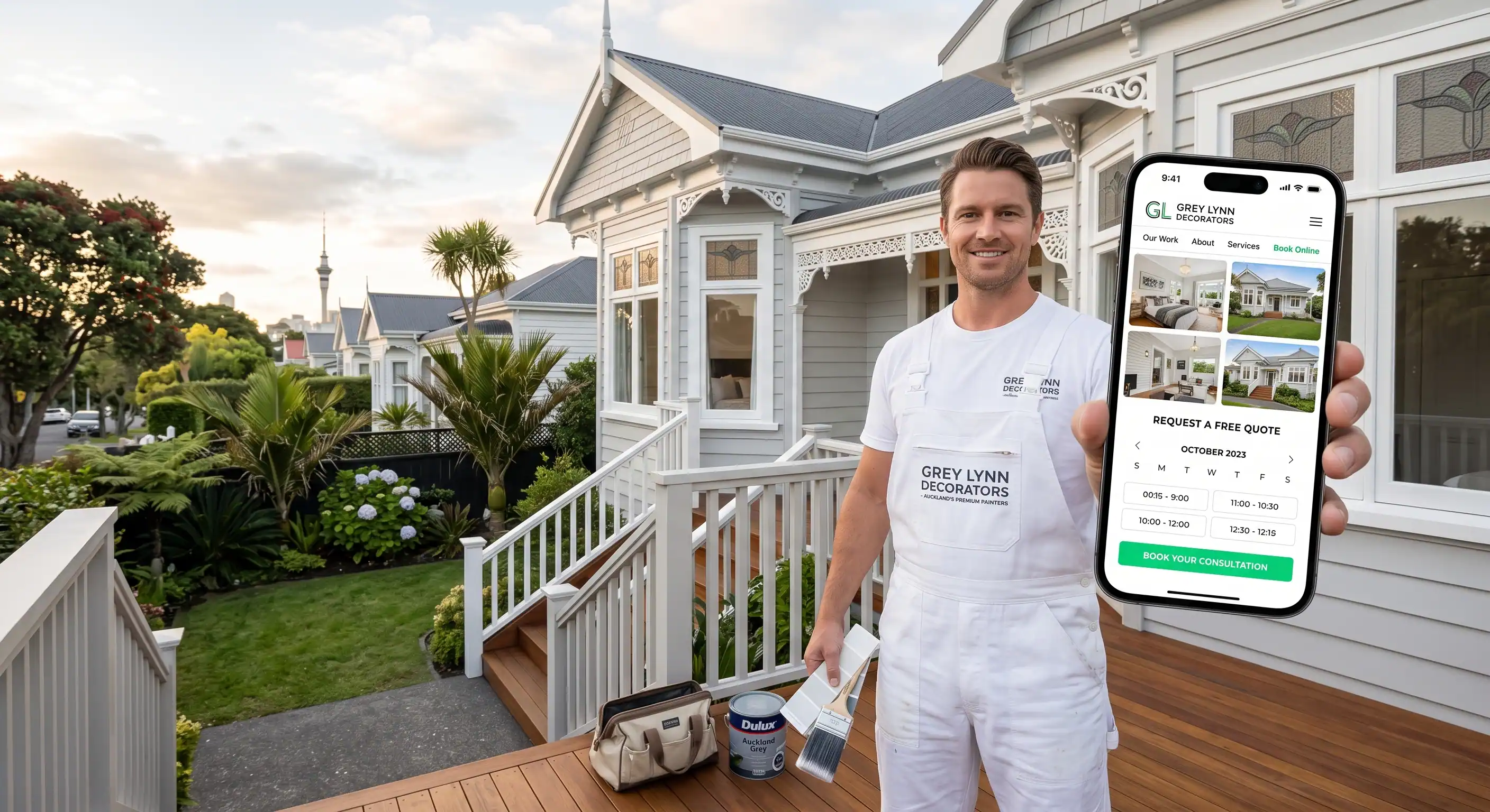 An Auckland painter in white overalls looking at before-and-after photos of a villa repaint on a phone.