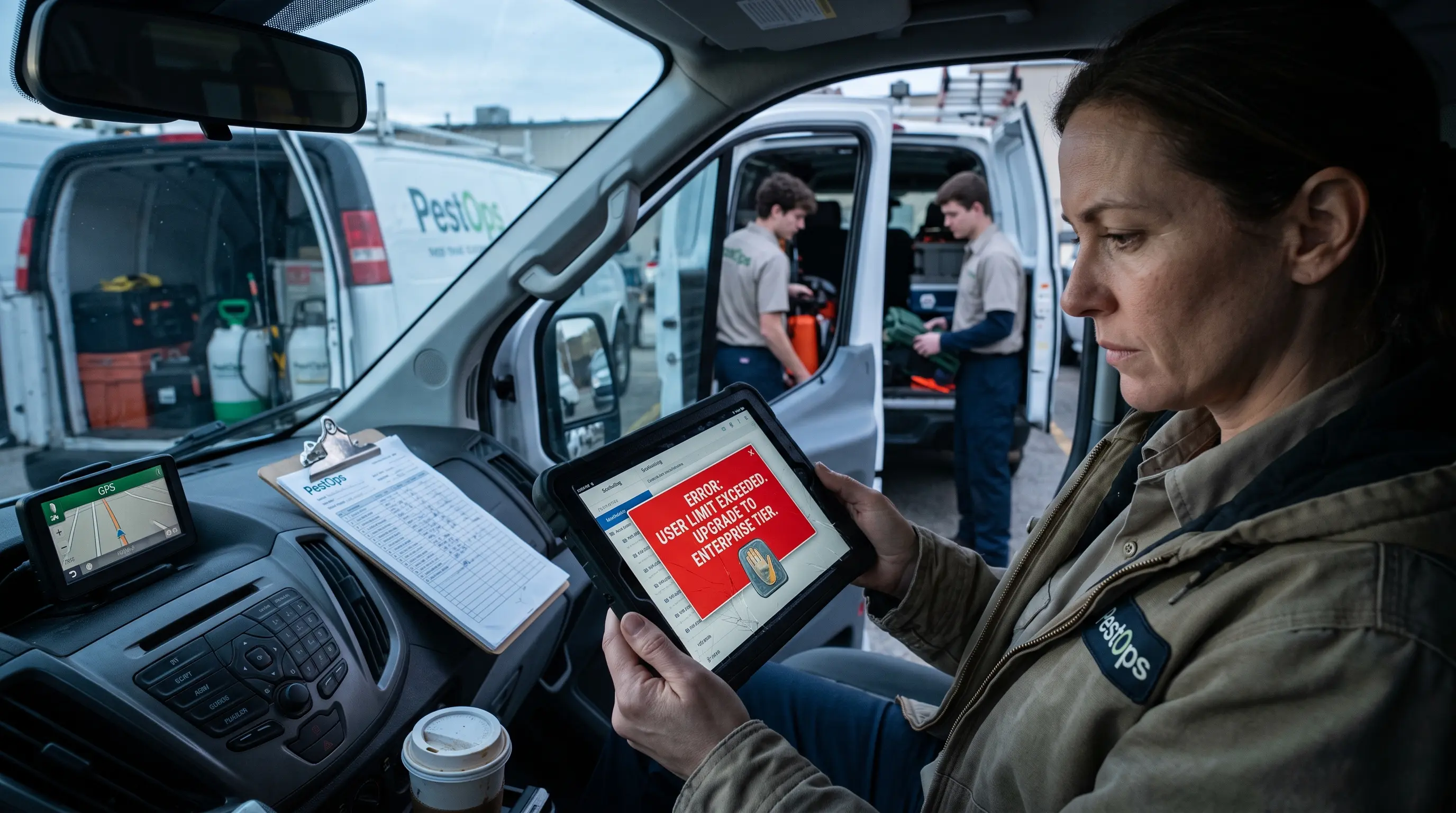 A PestOps owner encounters an 'Upgrade to Enterprise Tier' pop-up error on a tablet while trying to coordinate operations, with two other technicians loading a second van in the background.