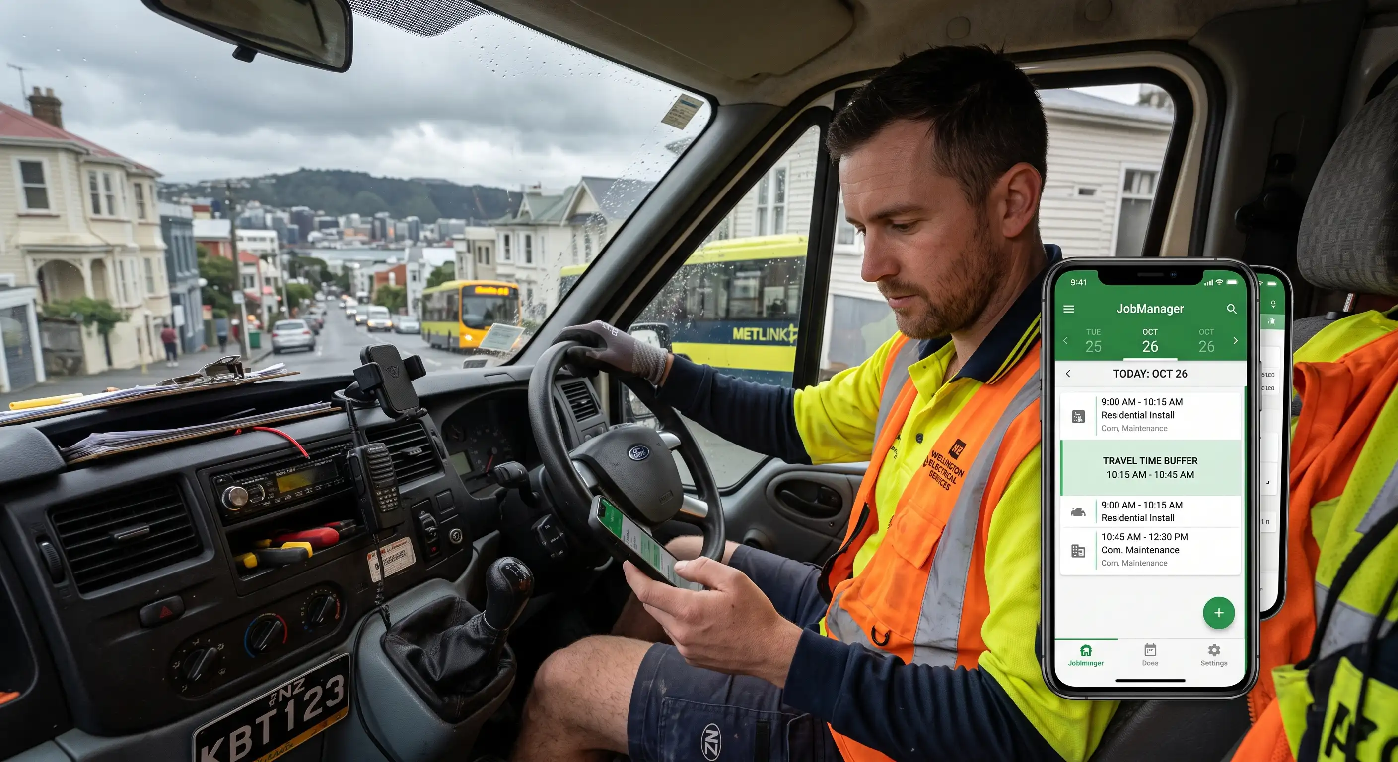 A Wellington electrician in a work van on a rainy day, checking job requests on a phone.