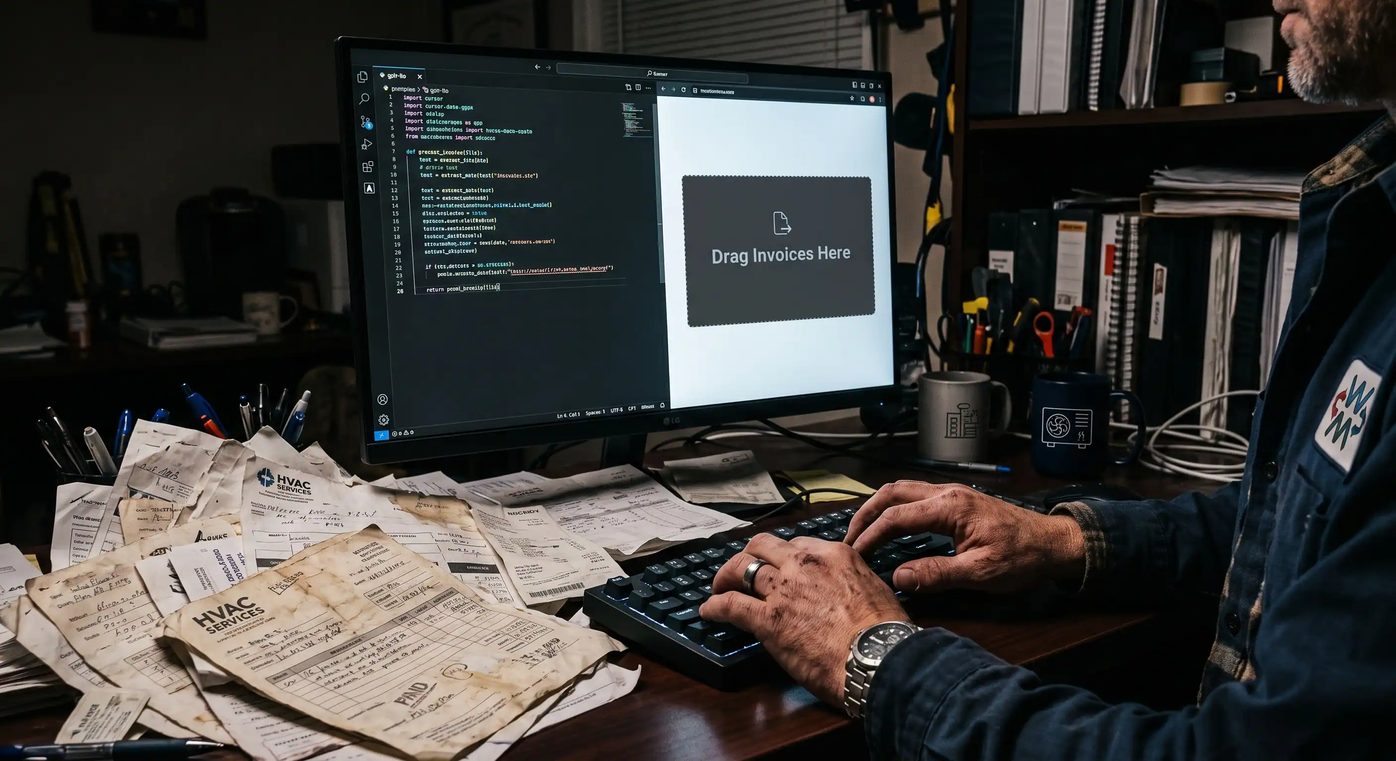 An HVAC contractor uses an AI code editor on a split-screen monitor to build a custom drag-and-drop invoice web app, surrounded by messy paper supplier invoices on their desk.