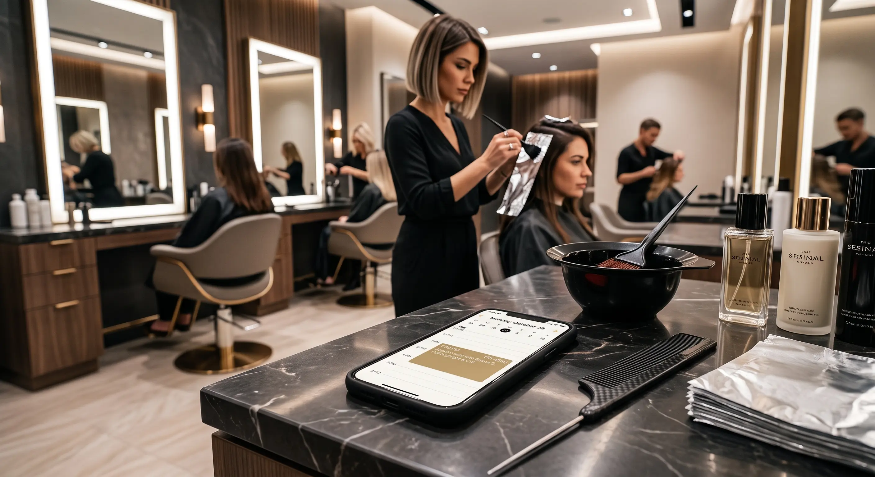 A hairstylist's phone displays a fully blocked generic calendar app next to hair dye supplies, with a customer waits on a chair in the background illustrating the lost revenue caused by rigid booking software.