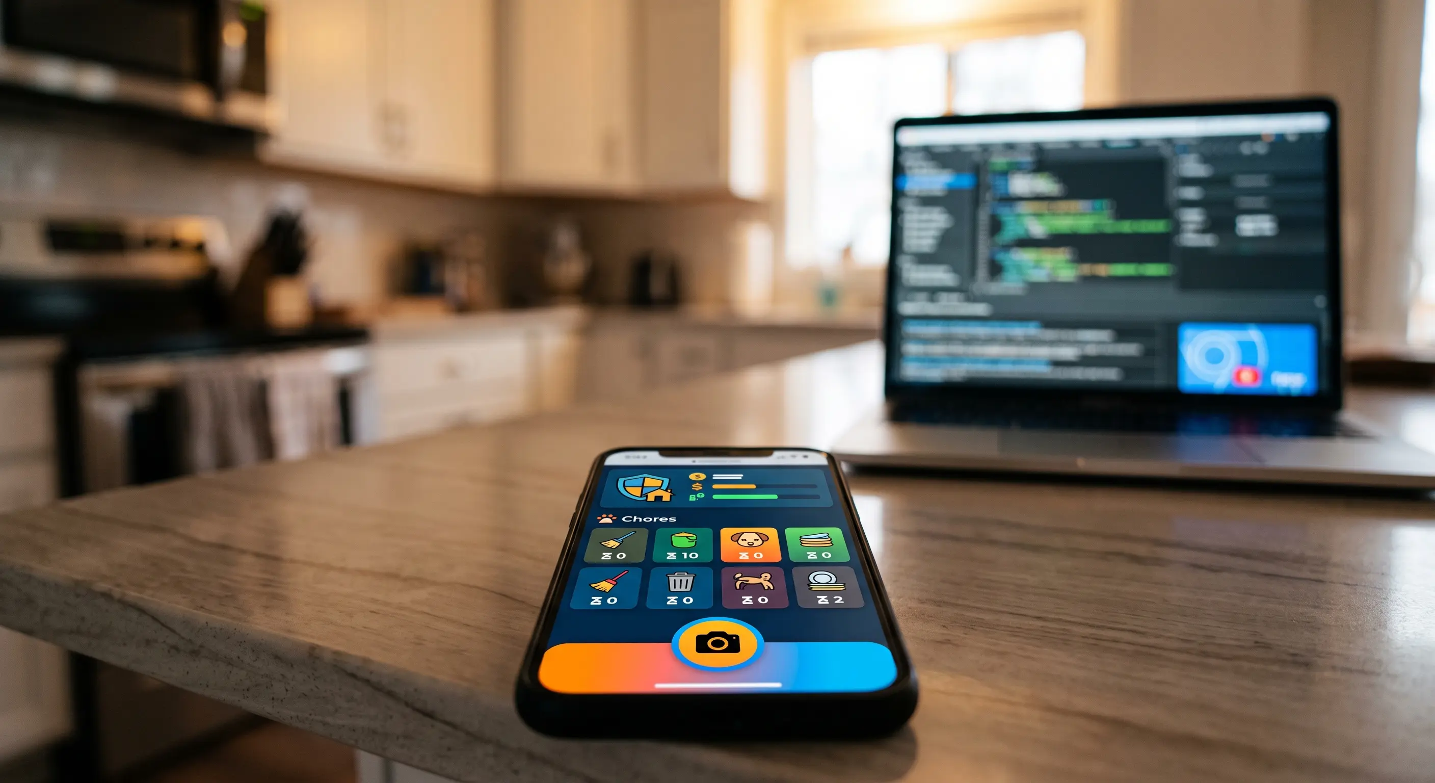 A smartphone displaying a custom virtual currency chore app sits on a kitchen counter, with a laptop showing Chrome DevTools in the background, illustrating the process of building a custom web application.