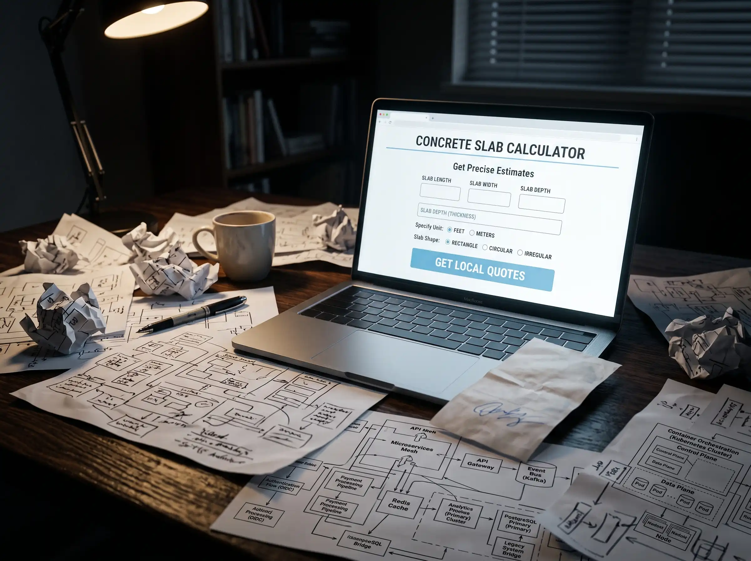 A laptop displaying a concrete slab calculator website sits on a desk next to a bank receipt and crumpled software blueprints, illustrating the profitability of simple web tools and lead generation over complex SaaS platforms.