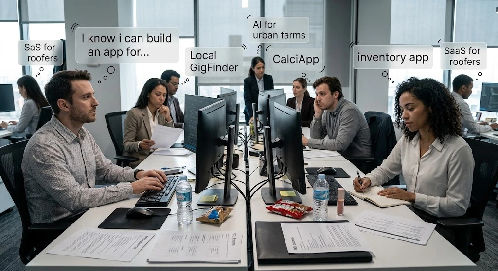 A diverse group of colleagues working at a long desk in a modern open-plan office, with hand-drawn style thought bubbles overlaid showing their aspirations to build various software apps, such as "SaaS for roofers," "inventory app," and "AI for urban farms," while they perform their day jobs.