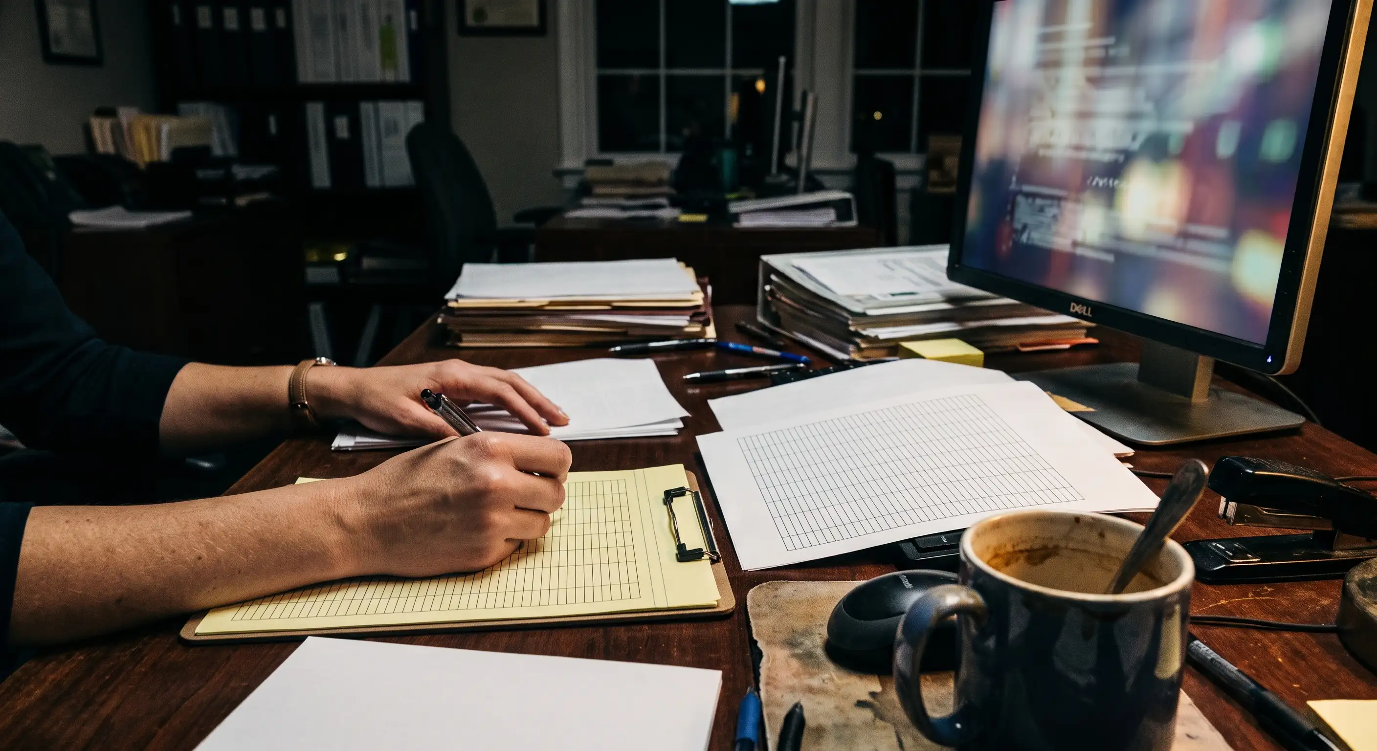 A desk worker's hands resting near a computer monitor surrounded by disorganised spreadsheets and legal documents, illustrating the frustration of manual data entry despite modern enterprise software.