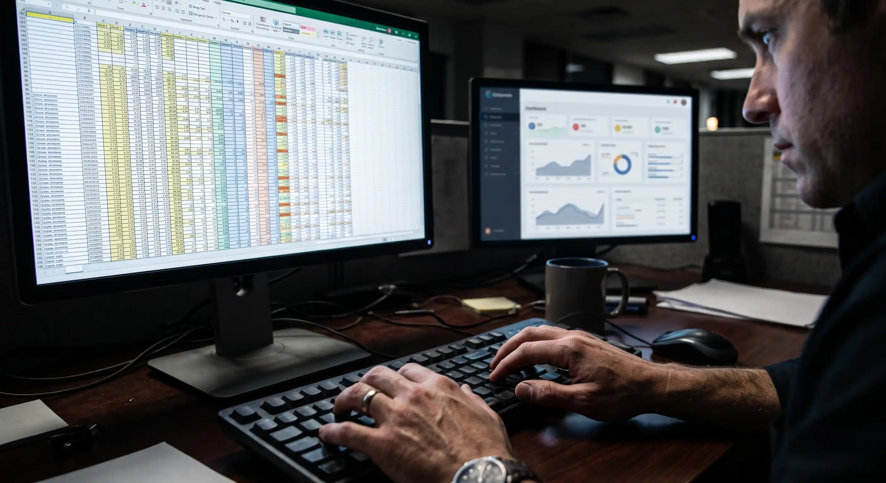 A corporate worker manually edits a dense spreadsheet on their main monitor while a sleek, expensive enterprise dashboard sits ignored in the background, illustrating the failure of monolithic software to handle specific tasks.