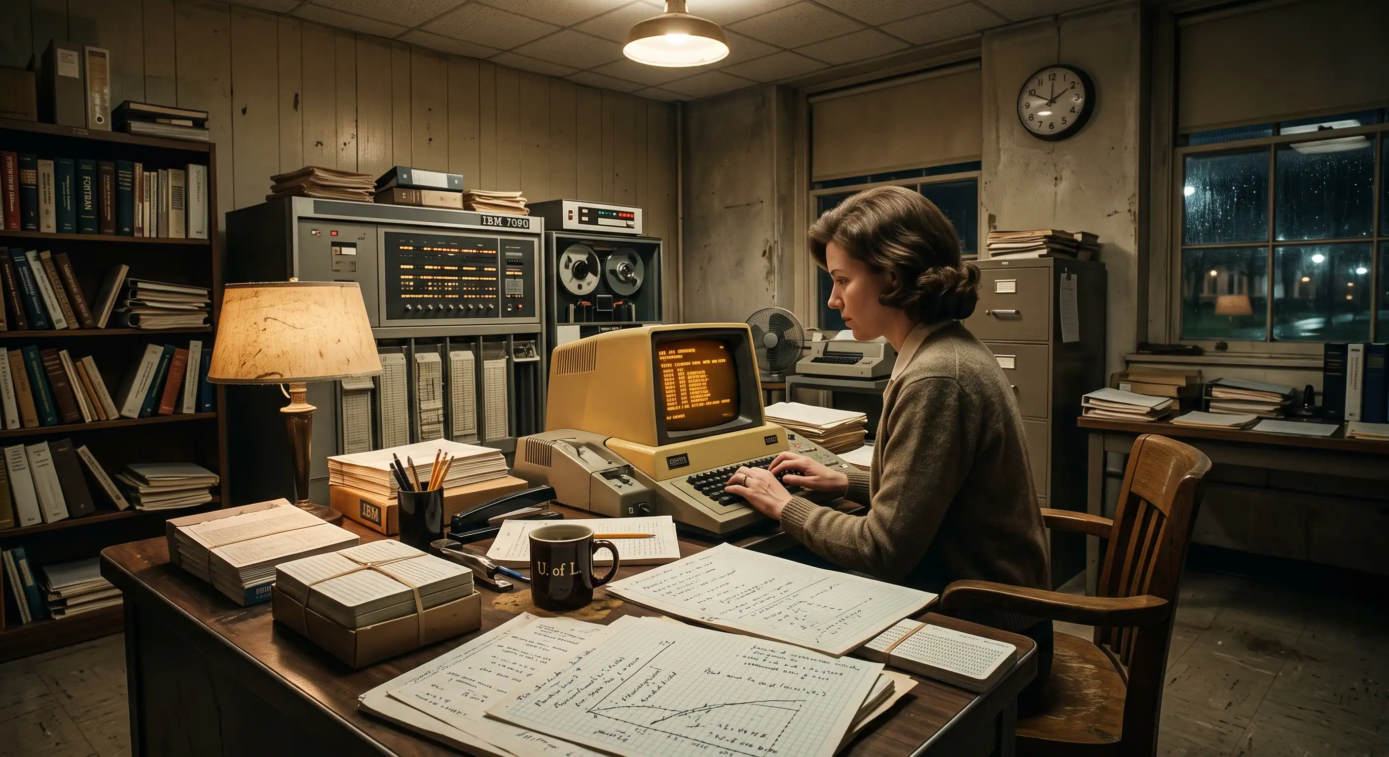 A vintage 1960s computing desk with punch cards, amber monitor, and handwritten schematics representing early artificial intelligence research.