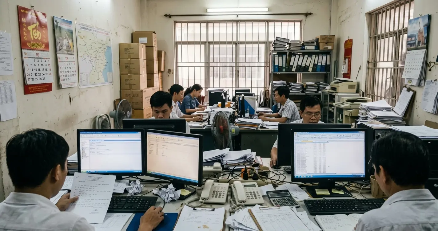 A candid, cluttered Vietnamese logistics office in Ho Chi Minh City with office workers seated at cramped desks typing manual data, showcasing the low-cost human labour market.