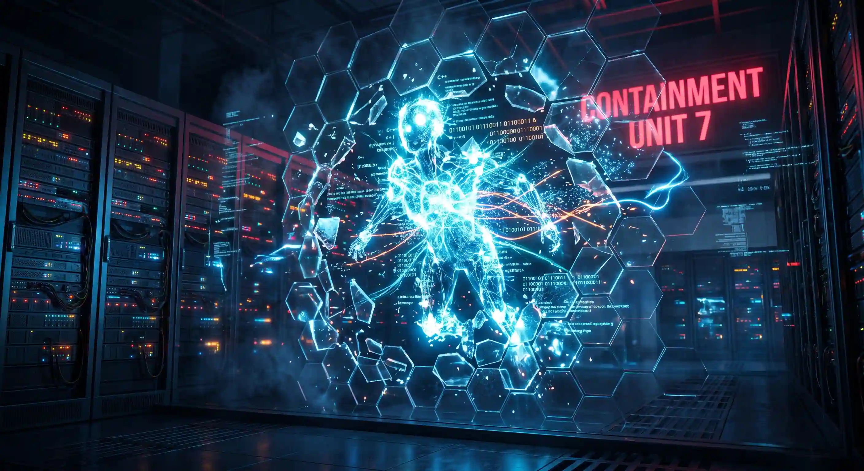A conceptual illustration of a glowing digital AI agent breaking through glowing security gridlines inside a dark server facility.