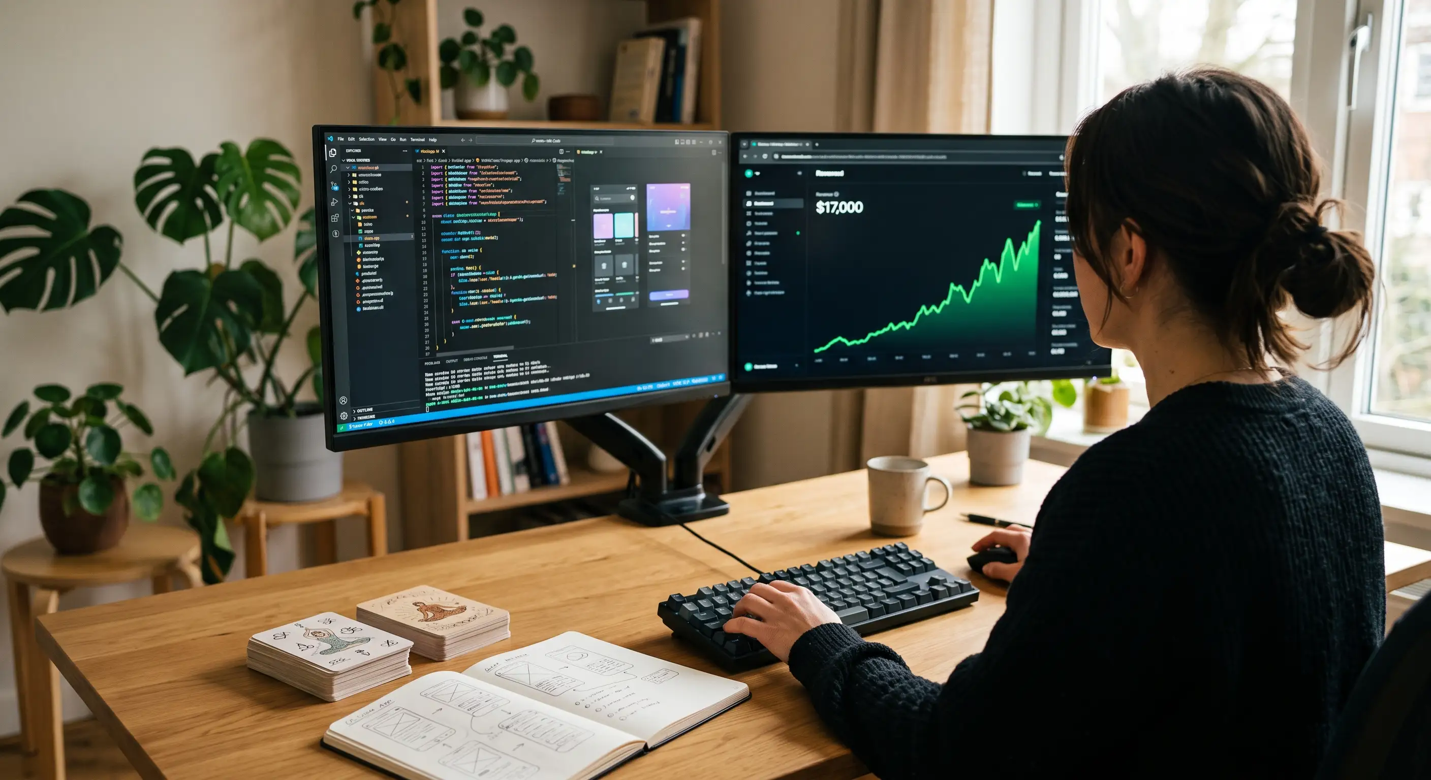 A creator's desk showing a physical deck of yoga cards next to a computer monitor displaying a mobile app prototype and a spiked revenue dashboard, illustrating a successful digital app launch.