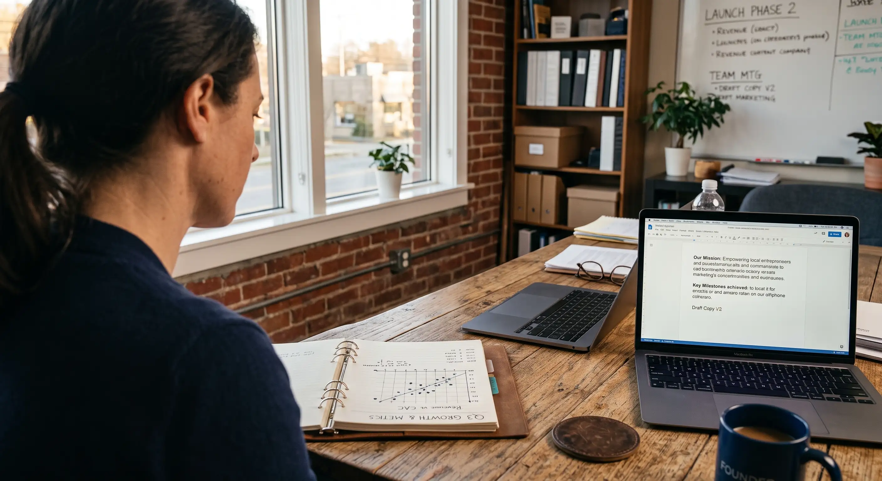 A business founder's desk comparing printed statistical scatter plots with drafted marketing text on a laptop.