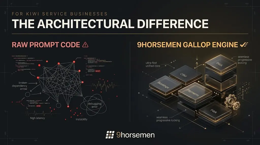 Technical architecture schematic comparing 9Horsemen Gallop pre-assembled component wiring against fragile prompt-generated code loops