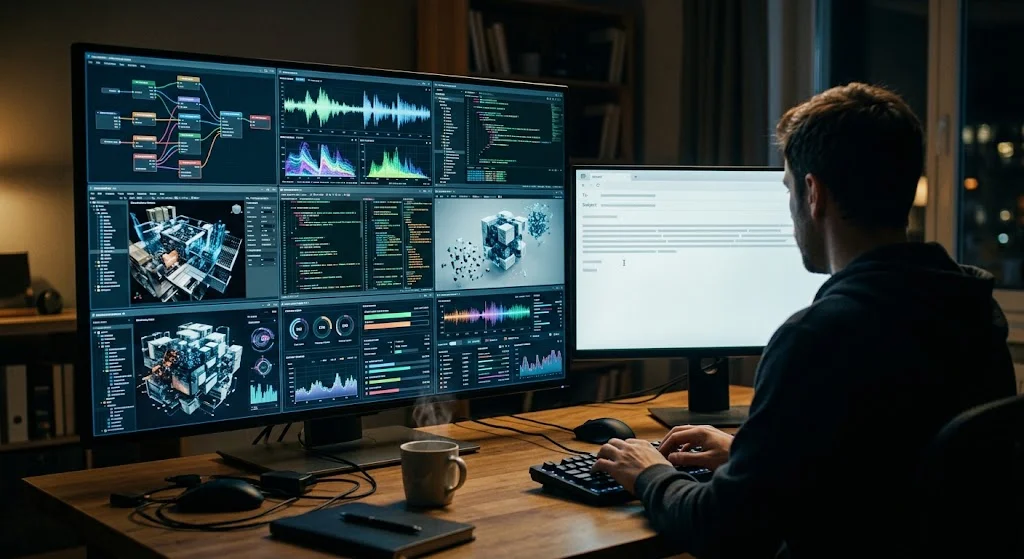 An office worker sits at a dual-monitor desk, with the left screen displaying a complex grid of ten advanced AI software interfaces, while they manually type a basic email on the right screen, illustrating the underutilisation of modern technology.
